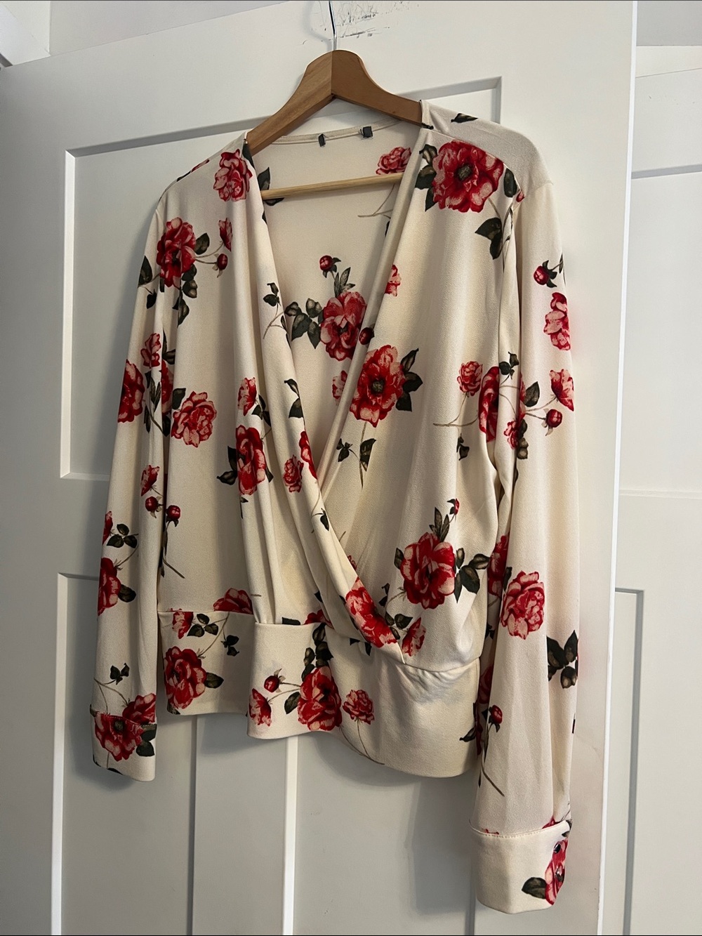 Women’s Cream Floral Wrap Blouse with Red Rose Print